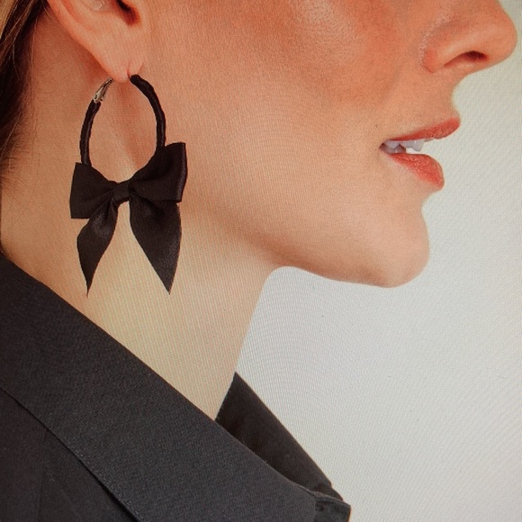 Chico's Jewelry - NWOT - Chico’s Madeline Black Satin Bow Hoop Nickel Free Lever Back Earrings